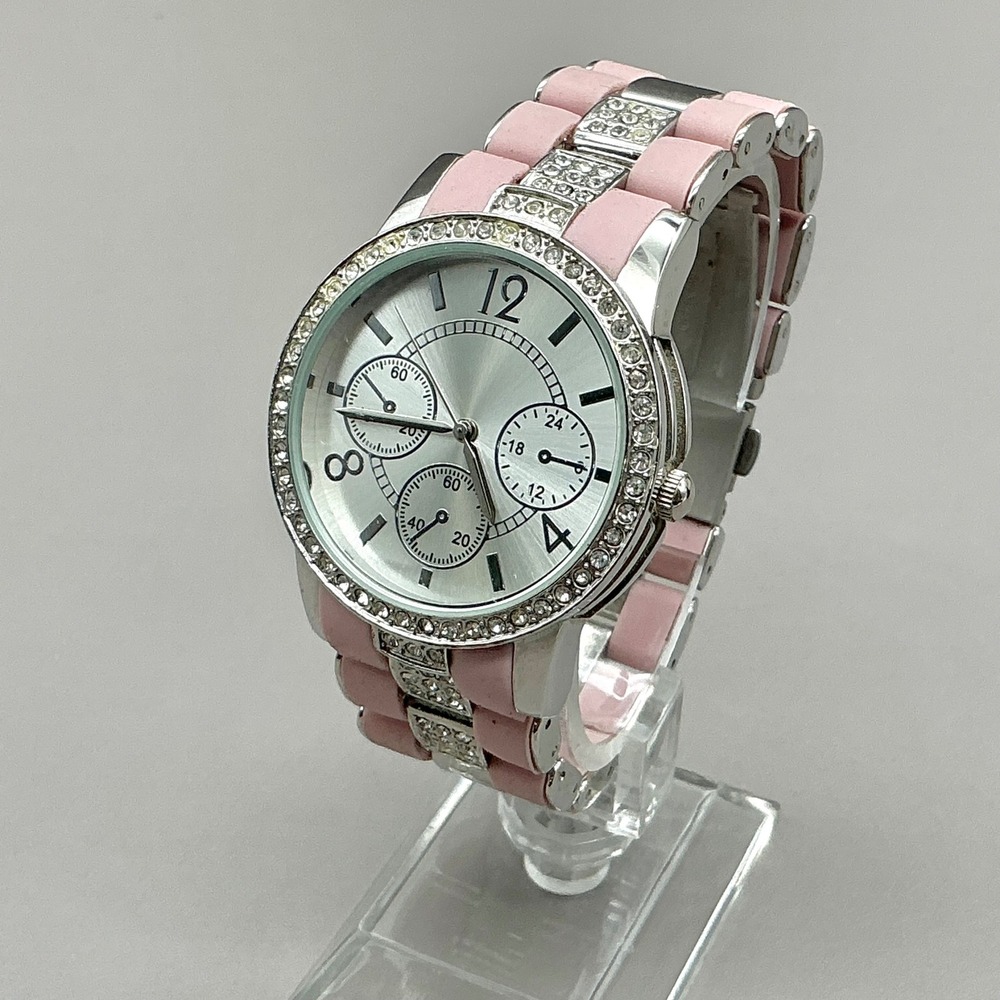 Womens Watch Pink Silver Tone Rhinestone Bracelet 40mm 6.25" NEW BATTERY